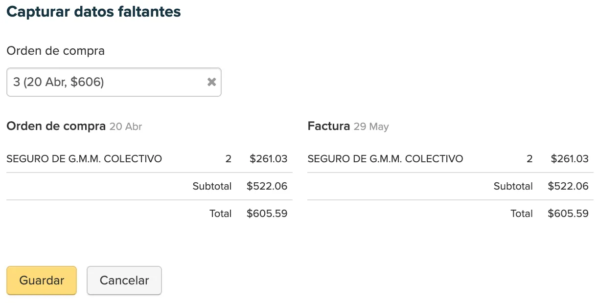 Enlace de factura a orden de compra